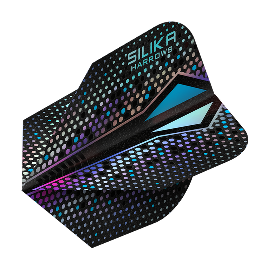 Plumas Harrows Silika Colourshift Tough Crystalline Coating Silver-X No6 Dies ist ein Dartflight der Marke Harrows mit dem Namen „Silika Colourshift Tough Crystalline Coating Silver-X No6“. Das Design zeigt eine schwarze Oberfläche mit schimmernden, bunten Sechsecken und blauen Akzenten.