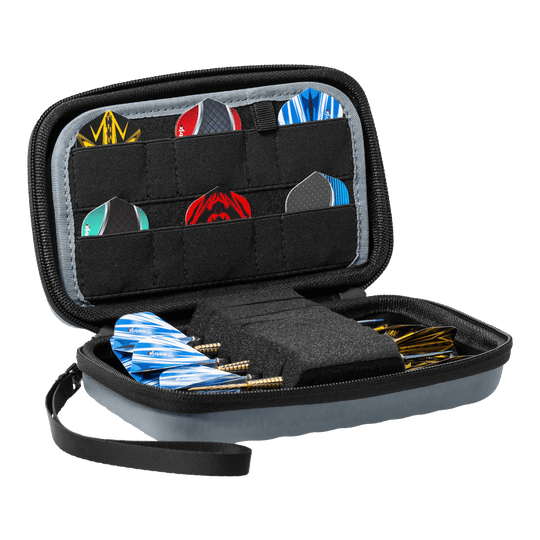 Estuche para dardos Bulls Orbis XL - Gris Das Bild zeigt das Bulls Orbis XL Dartcase in der Farbe Grau. Dieses Etui bietet viel Platz für Dartzubehör.