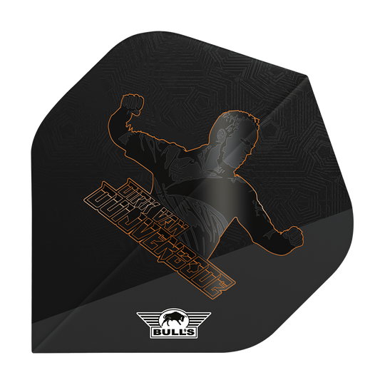 Bulls NL Player 100 Dirk Van Duijvenbode Edición 2 No2 Vuelos estándar Auf dem Bild ist ein schwarzes Dart-Flight mit einer Silhouette eines jubelnden Spielers und dem Namen "Dirk van Duijvenbode" zu sehen. Unten befindet sich das Logo der Marke "Bull's".