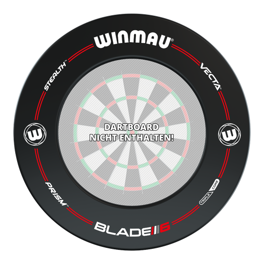 Das Bild zeigt den Winmau Pro-Line Blade 6 Dartboard Surround in Schwarz mit roten und weißen Akzenten. In der Mitte steht der Hinweis: "Dartboard nicht enthalten!"