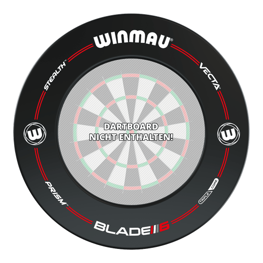 Winmau Pro-Line Blade 6 Dartboard Surround Das Bild zeigt den Winmau Pro-Line Blade 6 Dartboard Surround in Schwarz mit roten und weißen Akzenten. In der Mitte steht der Hinweis: "Dartboard nicht enthalten!"