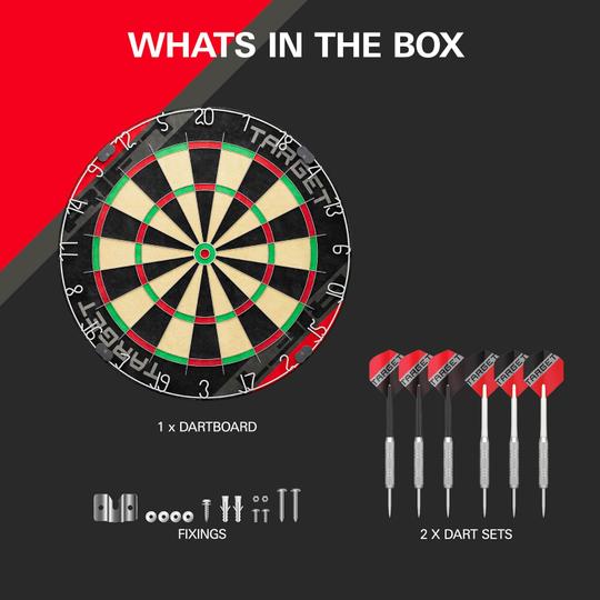 Das Foto zeigt das Target Rift Steeldartboard Set. Es ist ein komplettes Dartset mit Steeldartboard.