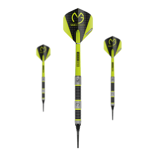 Winmau Michael Van Gerwen MvG Aspire Dardos blandos - 20 g Das Bild zeigt drei gelb-schwarze Softdarts der Marke Winmau Michael Van Gerwen MvG Aspire mit einem Gewicht von 20 Gramm. Auf den Flights ist das MvG-Logo gut sichtbar.