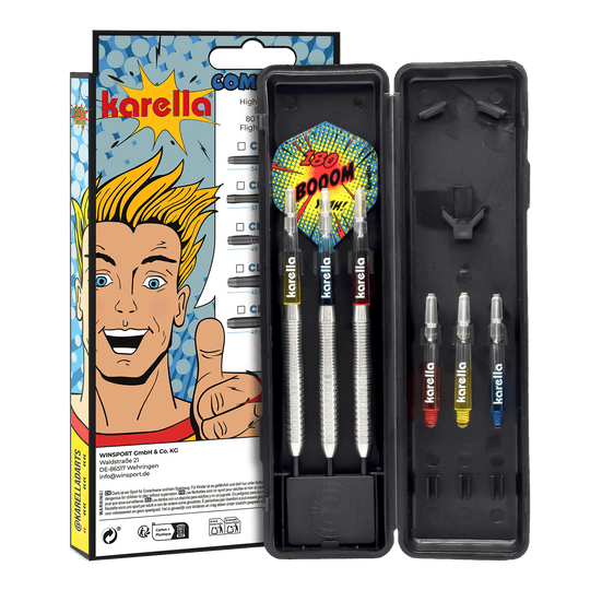 Dardos de acero Karella Comic Line CL-2 - 23 g Hier sind die Karella Comic Line CL-2 Steeldarts mit einem Gewicht von 23g abgebildet. Die Darts sind speziell für den Einsatz im Wettkampf gedacht.
