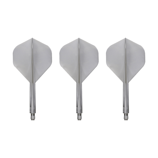 Condor_AXE_Metallic_Pearl_Silver_Standard_Flights_1 Das Bild zeigt drei silberne Dart-Flights des Produkts "Condor AXE Metallic Flight-System Pearl Silver - Standard". Die Flights sind in einer Reihe nebeneinander angeordnet.
