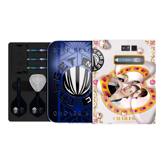 Dardos blandos Target Japan Cathy Leung Charis GEN5 - 19 g Das Bild zeigt das Produkt "Target Japan Cathy Leung Charis GEN5 Softdarts - 19g" in einer dekorativen Verpackung. Im Inneren sind die Darts, Flights und weiteres Zubehör ordentlich angeordnet.