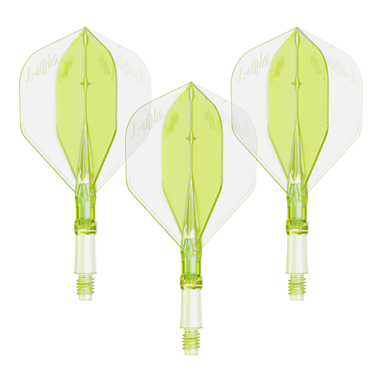 Vuelos L-Style L-System - Amarillo neón Das Bild zeigt ein Set von Flights für Dartpfeile in Neon-Gelb, kleine Größe. Geeignet für das L-Style L-System.