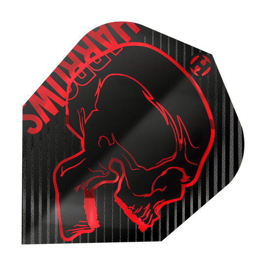 Plumas Harrows Rage Red No6 Das Bild zeigt ein Dartflight mit dem Namen "Harrows Rage Red No6 Flights". Das Flight ist schwarz mit roten Streifen und einem roten Totenkopf-Design.