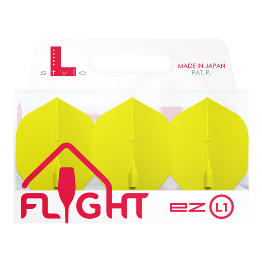 Vuelos estándar L-Style Champagne L1EZ Das Bild zeigt eine Packung mit drei gelben L-Style Champagne L1EZ Standard Flights. Die Verpackung ist weiß mit roter und grauer Schrift und wurde in Japan hergestellt.