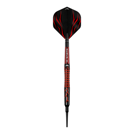 Dardos blandos Mission Lava - 20 g Dies ist der Mission Lava Softdart mit einem Gewicht von 20 Gramm. Er hat ein auffälliges Design in Schwarz und Rot mit roten Flammenmustern.