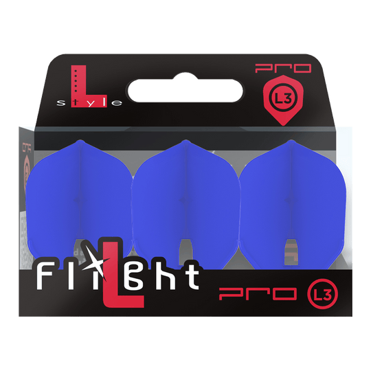 L-Style Flights Champagne - L3PRO Shape Das Bild zeigt eine Verpackung mit drei blauen Dartflights der Marke L-Style. Auf der Packung steht "Flight L Pro L3" und die Flights sind in einer durchsichtigen Box sichtbar.