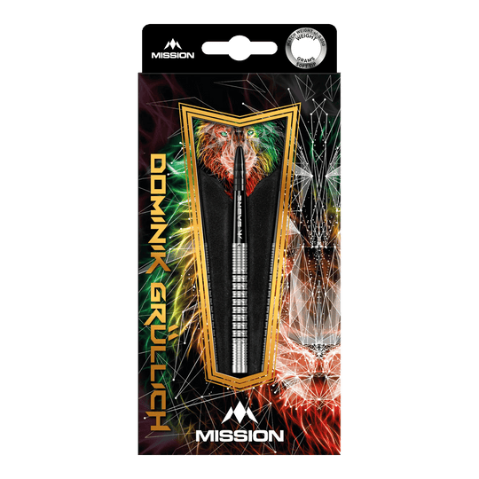 Misión Dominik Grüllich Steeldarts Die Abbildung zeigt die Verpackung der "Mission Dominik Grüllich Steeldarts - 23,5g". Die Verpackung ist bunt gestaltet und zeigt einen einzelnen Dartpfeil in der Mitte.