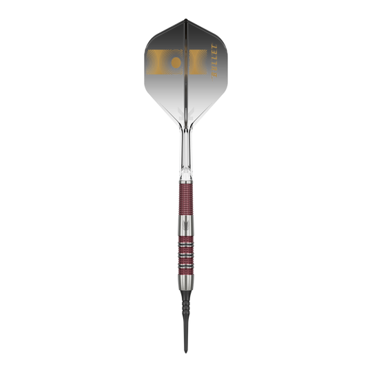 Das Bild zeigt einen Target Stephen Bunting 95K Softdart mit einem Gewicht von 19 Gramm. Der Dart hat ein elegantes schwarzes und silbernes Design mit roten Griffbereichen und einer schwarzen Flight mit goldenen Akzenten.