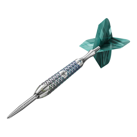 Dardos de acero Target Rove 03 Swiss Point Das Bild zeigt den Target Rove 03 Swiss Point Steeldart. Der Dart hat einen silbernen, strukturierten Schaft und grüne Flights.