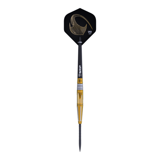 Dardos de acero Bulls Stingray ST4 Das Bild zeigt den Bulls Stingray ST4 Steeldart mit einem eleganten Design in Schwarz und Gold. Der Dart hat eine schlanke Form und ist mit einem auffälligen Flight ausgestattet.