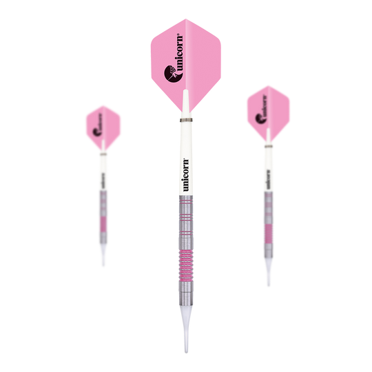 Dardos blandos Unicorn Autograph - 19 g Das Bild zeigt drei Softdarts des Produkts "Unicorn Autograph Softdarts - 19g". Die Darts haben pinke Flights und einen silber-weißen Schaft mit pinken Akzenten.