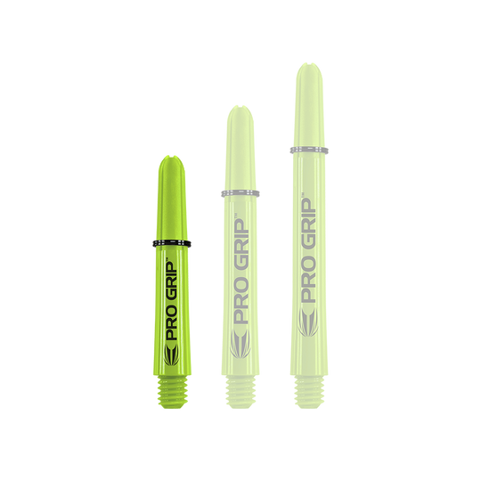Varillas Target Pro Grip - 3 juegos - Verde lima Das Bild zeigt drei limegrüne Pro Grip Shafts in unterschiedlicher Länge. Auf jedem Schaft steht gut sichtbar der Schriftzug "PRO GRIP".