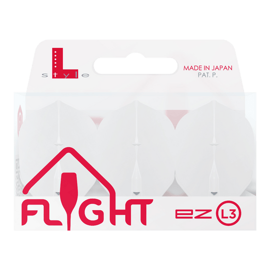 Vuelos L-L-Style3EZ Auf dem Bild ist eine Verpackung von L-Style Flights für Darts zu sehen. Die Verpackung ist weiß und enthält drei Flights des Typs EZ L3, hergestellt in Japan.