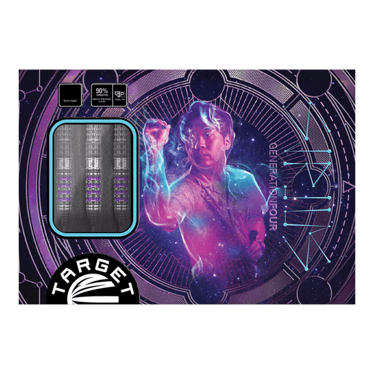 Dardos de acero Target Japan Prime Series Sirius GEN4 Swiss Point Die Abbildung zeigt die Verpackung der "Target Japan Prime Series Sirius GEN4 Swiss Point Steeldarts". Auf dem Cover ist ein farbenfrohes, futuristisches Design mit einer Person und drei Darts zu sehen.