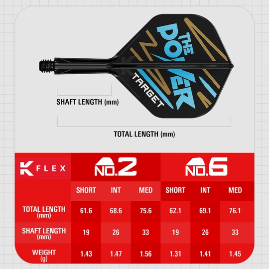 Sistema de varilla de vuelo estándar Target K-Flex Phil Taylor No.2 Das Bild zeigt das Produkt „Target K-Flex Phil Taylor No2 Standard Flights“ mit einer grafischen Darstellung und Maßen. Unten sind Tabellen mit Längen- und Gewichtsangaben für verschiedene Größen des Produkts abgebildet.
