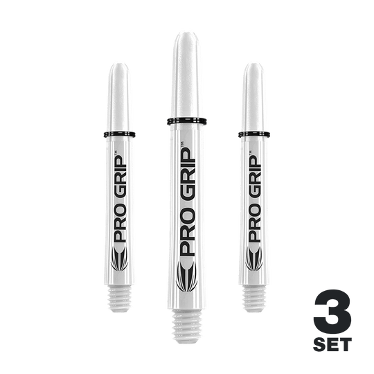 Varillas Target Pro Grip - 3 juegos - Color blanco Das Bild zeigt drei weiße "Pro Grip" Shafts für Dartpfeile. In der unteren rechten Ecke steht "3 SET".