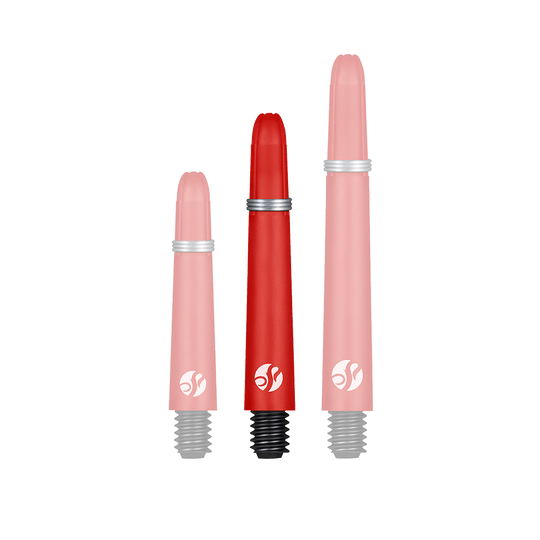 Flechas de carbono Shot Koi - Rojo Das Bild zeigt drei rote Dartschafts in unterschiedlichen Längen. Sie haben schwarze Gewinde und Silberringe zur Befestigung.
