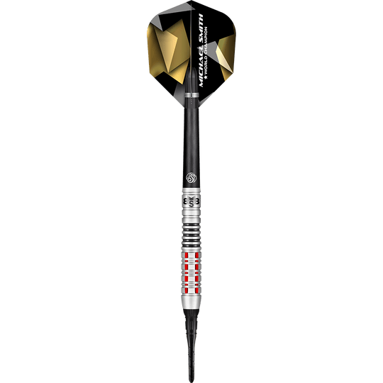Shoto Michael Smith Believe dardos blandos Das Bild zeigt den Softdart „Shot Michael Smith Believe“. Der Dart hat ein schwarzes Flight mit goldenen Akzenten und eine silberne Spitze mit roten Ringen.