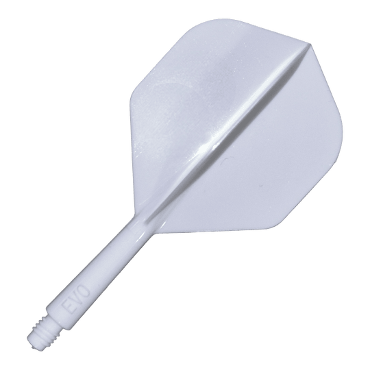 Sistema de eje de vuelo Evolution EVO1 - Blanco Das Bild zeigt das Evolution EVO1 Flight-Shaft-System in Weiß. Es handelt sich um ein Zubehör für Darts, das aus einem weißen Schaftsystem besteht.