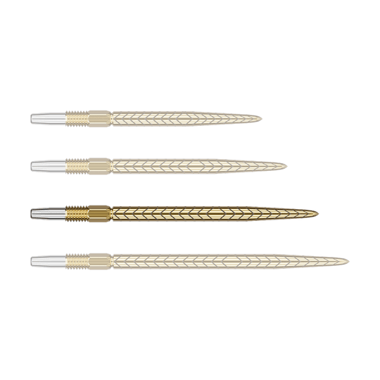 Puntas de dardos Target Swiss Point RVE - Oro Alle Dartspitzen sind goldfarben und werden einzeln nebeneinander gezeigt. Die Oberfläche der Spitzen wirkt glatt.