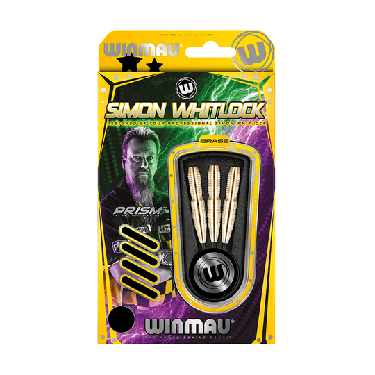 1224_Winmau_Simon_Whitlock_Brass_Steeldarts_3 Die Abbildung zeigt das Produkt "Winmau Simon Whitlock Brass Steeldarts" in einer auffälligen gelb-schwarzen Verpackung. In der Packung sind drei messingfarbene Steeldarts sowie das Bild eines Dartspielers zu sehen.