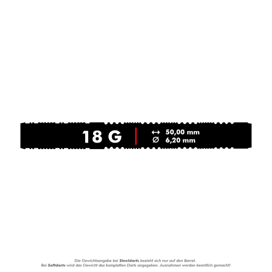 D7622_Trinidad_Jose_De_Sousa_Type_3_Softdarts_5_18g Das Bild zeigt die Produktbeschreibung der Trinidad Jose De Sousa Type 3 Softdarts mit einem Gewicht von 18 Gramm. Die Maße des Darts sind 50,00 mm Länge und 6,20 mm Durchmesser.