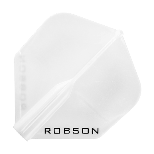 Das Bild zeigt ein weißes Dart-Flügelblatt mit der Aufschrift "ROBSON". Es hat eine klassische, standardmäßige Form und ist durchsichtig.