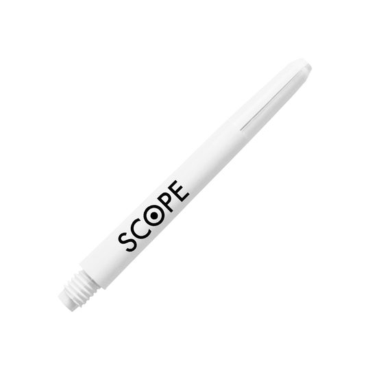 527_McDart_Scope_Nylon_Shafts_Weiss_48mm_2 Das Bild zeigt einen weißen Nylon-Schaft für Darts mit der Aufschrift "SCOPE". Es handelt sich um das Produkt "McDart Scope Nylon Shafts".