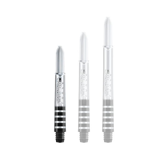 7020-106_Winmau_Prism_Force_Shafts_Clear_35mm_14nyeBjciOhjoP Das Bild zeigt drei transparente Dartschäfte in unterschiedlichen Längen. Die Schäfte haben schwarze und silberne Ringe am unteren Ende.