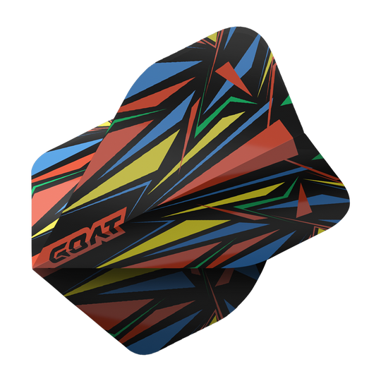 Vuelos estándar GOAT Athlete Red No2 Das Bild zeigt das Produkt "GOAT Athlete Red No2 Standard Flights". Die Dartflights haben ein auffälliges, buntes Zickzack-Muster mit roten, gelben, grünen und blauen Farben.