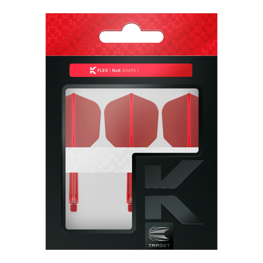 Sistema de vuelo Target K-Flex No6 - Rojo Das Bild zeigt eine Verpackung mit drei roten Dartflights und -shafts. Auf der Verpackung steht "K FLEX No6 SHAPE" und sie hat ein modernes Design mit Rot und Schwarz.