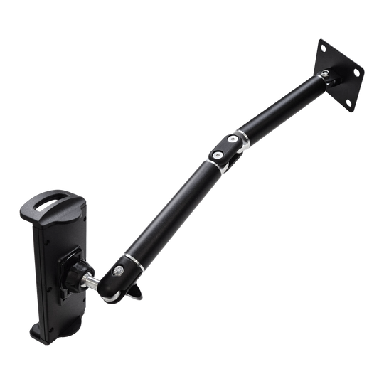 Soporte de pared para tableta McDart TABFlex con brazo flexible Dieses Bild zeigt die McDart TABFlex Tablet Wandhalterung mit flexiblem Arm. Die Halterung ist schwarz und lässt sich an der Wand befestigen, um ein Tablet flexibel auszurichten.