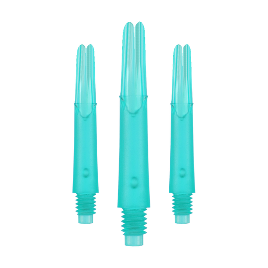 Ejes en L estilo L bloqueados rectos - Esmeralda Das Bild zeigt drei türkisfarbene Dartshafts aus Kunststoff in einer Reihe. Sie haben ein gerades Design und sind unten mit einem Gewinde versehen.