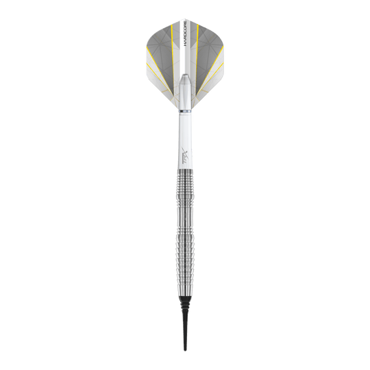 Dardos blandos Red Dragon Seren 3 Pure - 20 g Das Bild zeigt einen Red Dragon Seren 3 Pure Softdart mit einem Gewicht von 20g. Der Dart hat ein silberfarbenes, geriffeltes Barrel und weiße Flights mit gelben Akzenten.