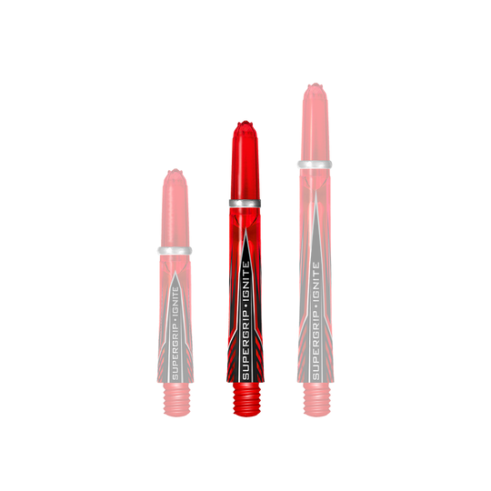HR384_Harrows_Supergrip_Ignite_Shafts_Rot_40mm_1 Das Bild zeigt drei rote Harrows Supergrip Ignite Shafts in verschiedenen Längen. Die Shafts haben ein auffälliges Design mit schwarzen und silbernen Akzenten.