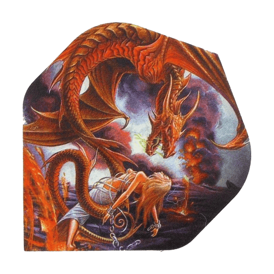 Alchemy Forge Of Vesubio No2 Vuelos Estándar Auf dem Bild ist ein roter Drache zu sehen, der Feuer speit. Vor ihm kniet eine gefesselte Frau, während im Hintergrund Lava und Rauch aufsteigen.