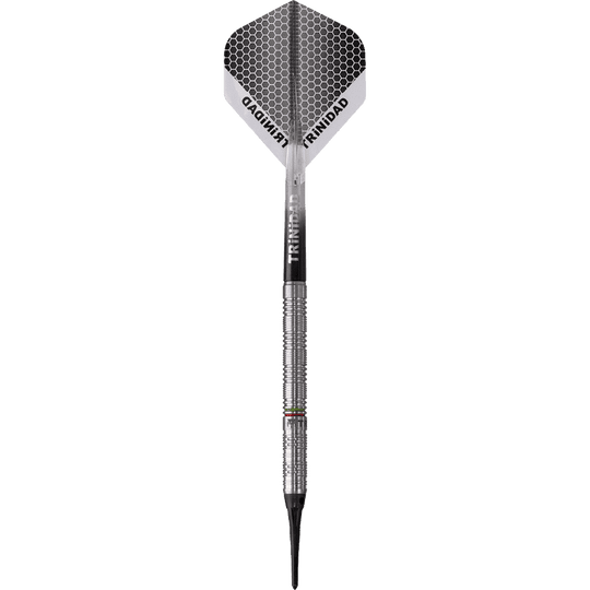 D7622_Trinidad_Jose_De_Sousa_Type_3_Softdarts_1gtmMkGZGUtt2G Das Bild zeigt den Trinidad Jose De Sousa Type 3 Softdart mit einem Gewicht von 18g. Der Dartpfeil hat ein silbernes Barrel und eine Flight mit Wabenmuster und der Aufschrift "TRINIDAD".