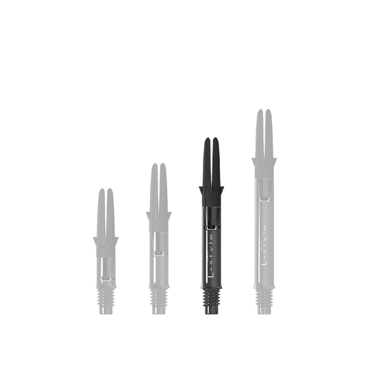 L-L-Style-Shaft Carbon Silent Straight - Schwarz Auf dem Bild sind drei schwarze Carbon-Shafts für Dartpfeile in unterschiedlichen Längen zu sehen. Sie stehen nebeneinander aufrecht aufrecht und besitzen alle denselben Aufbau.