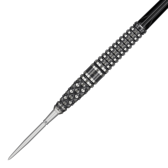 Dardos de acero Target Japan Paul Lim The Legend GEN8 Swiss Point de 24 g Das Bild zeigt einen Target Japan Paul Lim The Legend GEN8 Swiss Point Steeldart mit 24g Gewicht. Der Dart hat ein detailreiches, strukturiertes Griffdesign in Schwarz und Silber.