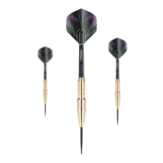 Dardos de acero de latón Winmau Simon Whitlock Winmau Simon Whitlock Brass Steeldarts nebeneinander angeordnet. Die Oberfläche der Darts ist matt und detailreich.