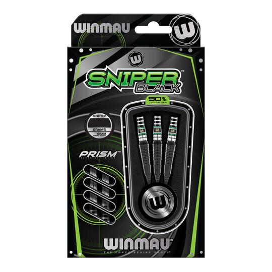Dardos blandos Winmau Sniper Black 2025 - 20 g Die Abbildung zeigt die Winmau Sniper Black 2025 Softdarts mit einem Gewicht von 20 Gramm. Die Verpackung ist in Schwarz und Grün gehalten und enthält drei Softdarts mit 90% Tungsten.