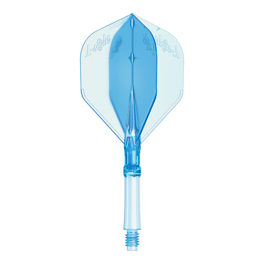 Abgebildet sind L-Style L-System Flights in klarer blauer Farbe, Größe Medium. Diese Flights dienen als Ersatzteile für Dartpfeile.