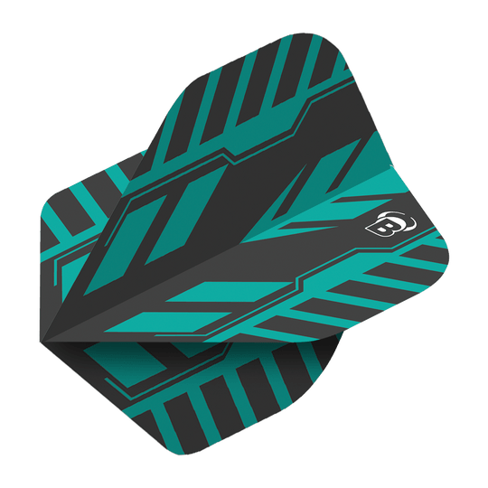 Vuelos estándar Bulls B-Star Veco No2 Das Bild zeigt das Produkt "Bulls B-Star Veco No2 Standard Flights". Es hat ein modernes, grafisches Design in Schwarz und Türkis mit einem weißen "B"-Logo.