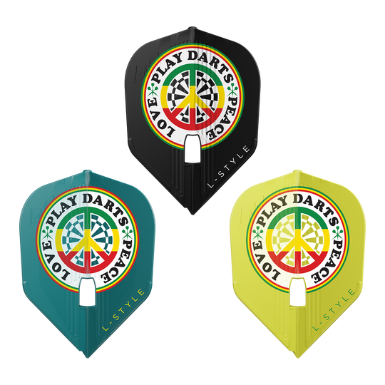 Das Bild zeigt drei bunte Dart-Flights der Marke L-Style mit dem Design "Deta Hedman V4 Mix KAMI". Auf jedem Flight steht "LOVE PLAY DARTS PEACE" um ein Peace-Zeichen mit Dartboard-Muster.