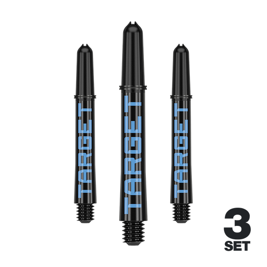 Varillas Target Pro Grip TAG - 3 juegos - Negro y azul Das Bild zeigt drei schwarze Dartschäfte mit blauer Aufschrift "TARGET". Unten rechts steht "3 SET", was auf ein Set aus drei Stück hinweist.